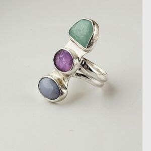 AMETHYST, AMAZONOT & LACE AGATE DOUBLE BAND HSNDMADE RING Size 6.5